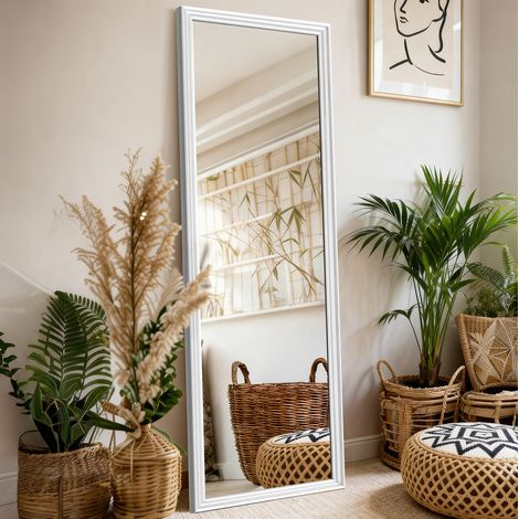 Miroir sur pied pleine longueur rectangulaire 160 x 50 cm, cadre en bois blanc, support métal inclinable, image nette, pour maison et commerce - CHICFURN (1/5)