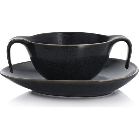 Ciotola da brodo ovale in porcellana nera Time con piattino, 450 ml. (1/5)
