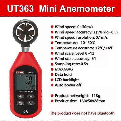 Anémomètre numérique portable UT363 (UT363BT) - Instrument de mesure de la vitesse du vent et de la température avec écran LCD - Anémomètre de débit d'air UT363 (1/5)