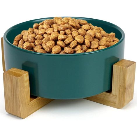 Gamelle Chat Céramique Aime Ecuelle Antidérapant Bol avec Support en Bambou pour Chien et Chat 400ML, Vert