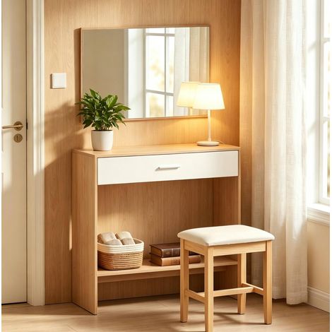 Consola de entrada 91,5x27,9x85,5 cm en tablero de partículas roble/blanco con espejo - MEUBLIV (1/5)