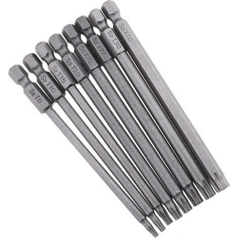 Set mit 8 extra langen T8-T40 Sechskant-Schraubendreherbits aus robustem S2-Stahl mit Torx-Sicherheitsmagnetkopf (100 mm) (1/4)