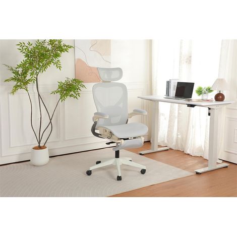 Chaise de Bureau Ergonomique Pliable - 62x48.5x129cm - Fauteuil Maille Gain de Place Assise Coulissante avec Repose-Pieds - Gris (1/5)