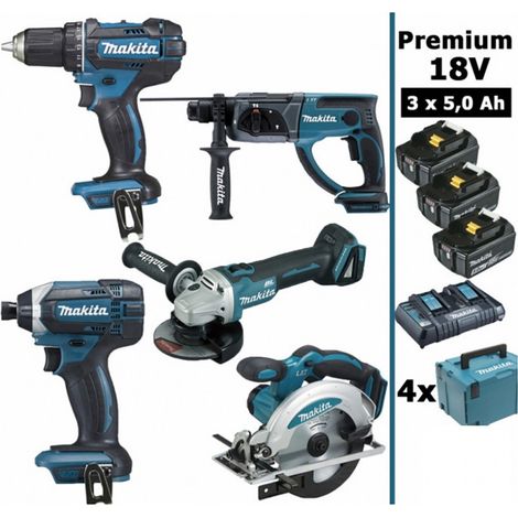 Makita – Pack de 5 outils électroportatifs 18V 5Ah – Perceuse 62Nm, Visseuse 165Nm, Meuleuse 125mm, Perfo-burineur 2J, Scie circulaire 165mm (1/8)