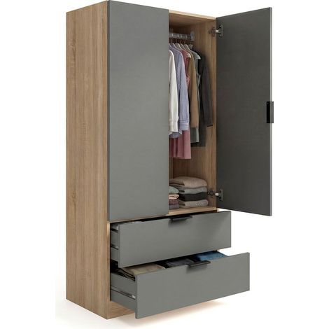 Armario de 2 puertas y 2 cajones 81,5x180 cm Lark Roble Canadian - Gris Grafito (ancho) x 180cm (alto)