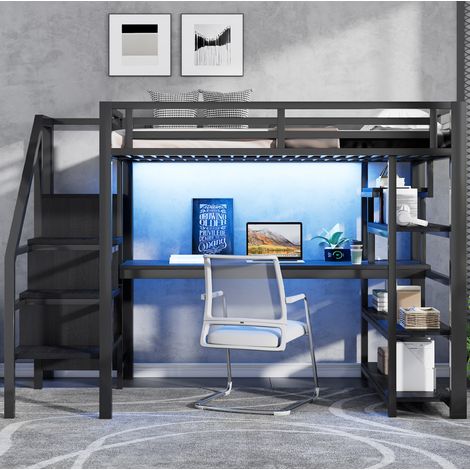 Okwish Lit mezzanine 140x200 cm avec escalier, bureau intégré, métal, noir (Sans matelas) (1/5)