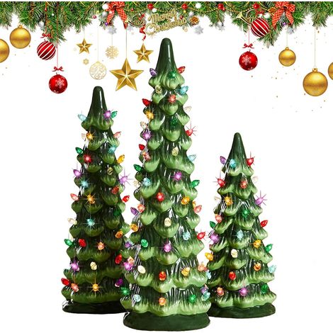 Sapins de Noël rétro peints à la main avec minuterie, arbres de Noël en céramique qui s'allument, sapin de Noël de table avec lumières LED, pour décoration festive de table (lumières colorées, 3 (1/5)
