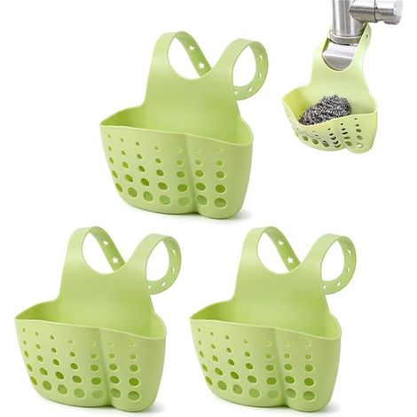 Lot de 3 pièces : panier d'égouttage, porte-éponge, porte-éponge en silicone, panier d'égouttage suspendu, vert, panier de rangement flexible pour robinet de cuisine ou salle de bain, légumes. (1/5)