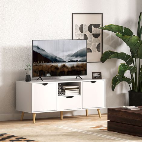 Meuble TV jusqu'à 50 pouces avec tiroir, étagère ouverte et placards, 110 x 40 x 50 cm, blanc et bois (1/5)