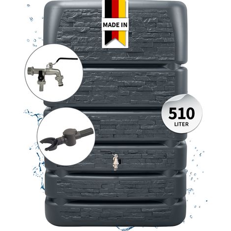 4rain SLIM STONE DECOR Regentonne Mauertank Komplett-Set 510 Liter graphite grey inkl. Chrom-Doppelauslaufhahn und Fallrohranschluss (1/5)