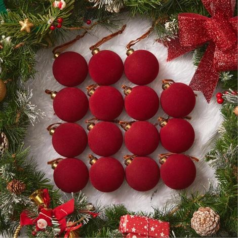 Set mit 15 roten Samt-Weihnachtskugeln, 8 cm, Samtdekorationen für Weihnachtsbäume, beflockte Dekokugeln für Familienfeiern, Hochzeiten, Weihnachten, Hängedekorationen (1/4)