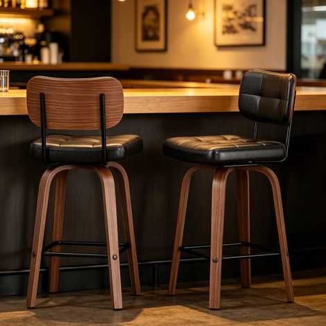 Set di 2 sgabelli da bar girevoli con schienale ergonomico, struttura in metallo e legno, rivestimento in PU - nero (1/5)