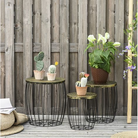 Gartentische 3er-Set aus Metall in Schwarz, rund, stapelbar, Industrial-Stil mit Platte in Rattan-Optik (1/5)
