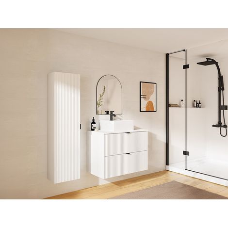 Meuble de salle de bain suspendu strié avec vasque à poser et colonne - Blanc mat - 80 cm - ZEVINI (1/4)