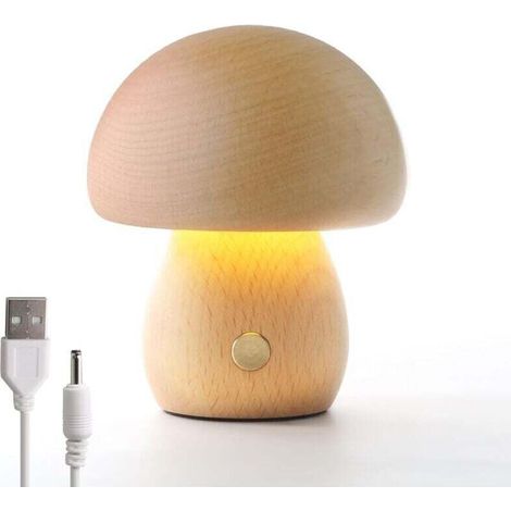 Pilzförmige Holzlampe, wiederaufladbare, dimmbare, tragbare Nachttischlampe mit USB-Anschluss, kabelloses Nachtlicht, Pilz-Tischlampe für die Heimdekoration, Nachttischlampe (Buche) [Cl