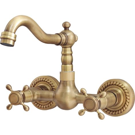 Mitigeur mural rétro en bronze antique, double poignées, bec pivotant à 360°, longueur de bec 16 cm, mitigeur en cuivre pour salle de bains (1/5)