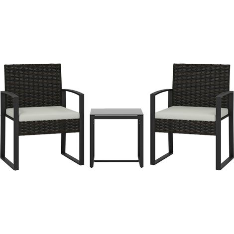 Ensemble bistro rotin 3 pièces 2 chaises + table basse coussins amovibles couleur crème mobilier jardin balcon