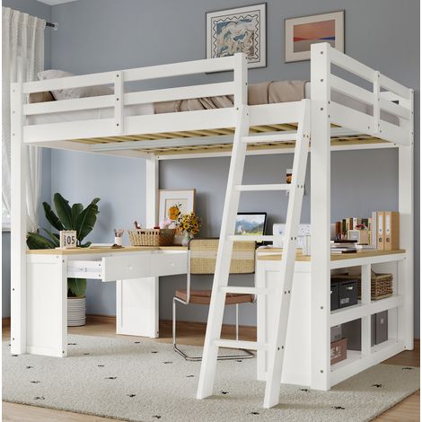 Letto soppalco 140x200 in legno bianco con scrivania per cameretta senza materasso - FLORAGRACE (1/5)