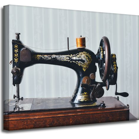 Lienzo impreso con máquina de coser vintage, 50x40 cm, aguja de sastre e hilo.