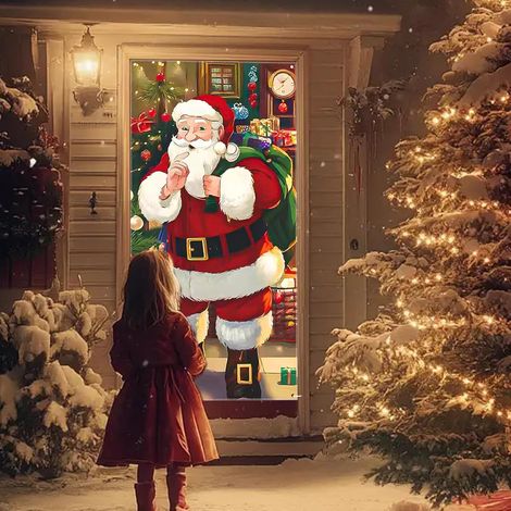 Décorations de porte de Noël en polyester, couvre-portes de Noël, décorations de porte de Noël extérieures du Père Noël, décorations de porte de Noël intérieures et extérieures (1/5)