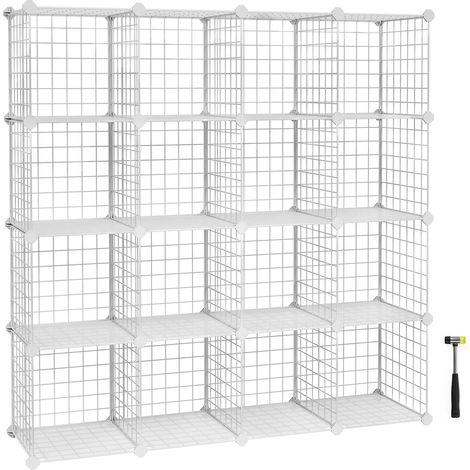 Meuble de Rangement à 16 Cubes, Étagère Modulable en Fil Métallique, avec Supports de Fond, pour Chaussures, Livres, Jouets, Vêtements, Salle de Bain, Salon, 31 x 123 x 123 cm, Blanc LPI44W (1/5)