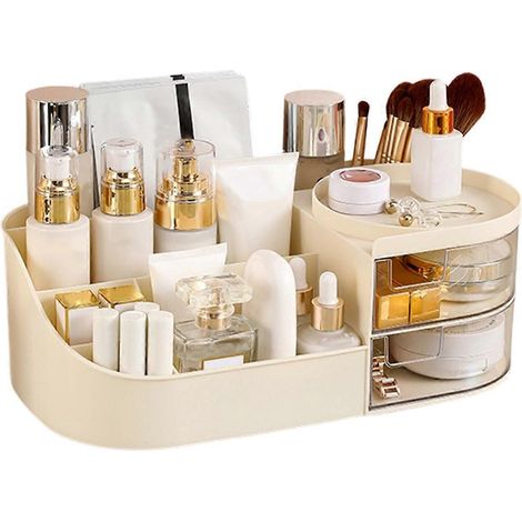 Boîte de rangement pour maquillage blanc crème à tiroir, grande capacité, en plastique, pour bijoux, cosmétiques, rouge à lèvres et autres produits de soin. (1/5)