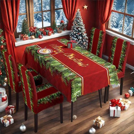 Nappe de Noël chaude, classique dorée, décoration de Noël, nappe et housse de chaise, ensemble TC-26 tout compris (nappe imperméable 140210cm + (1/3)