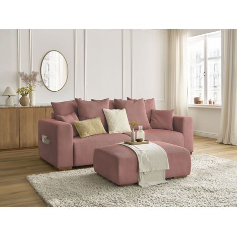 BOBOCHIC - Canapé droit convertible coffre SIDONIE velours côtelé avec pouf   Rose (1/5)