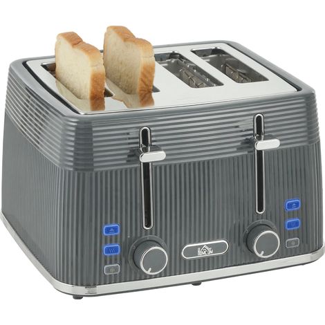 HOMCOM 4 Slice Electric Toaster with 7 Browning Levels, 1860W, Grey