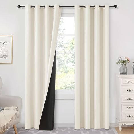Thermal Insulated Anti-Cold, Heat Resistant, 100% Opaque Blackout Curtain, Thick Light Beige, Soundproof Curtain with Eyelets for Living Room, Bedroom, Set of 2, 140 x 200 cm (1/5)