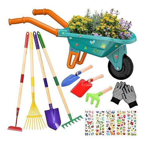 Children's Wheelbarrow, 14 Piece Garden Set with Garden Tools, Spade, Rake, Gloves and Accessories, Wheelbarrow Garden Educational Play Kit for Children 3 Years (Green) (1/5)