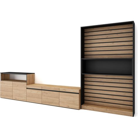 Skraut Home - Ensemble Meuble TV, Meuble Salon Complet, 360x186x35cm, Pour les TV jusqu'à 65", Salon Complet, Style moderne, Chêne et noir (1/5)