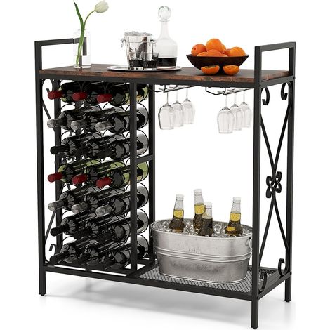 GOPLUS Étagère à Vin avec Casier à Vin 21 Bouteilles, 2 Porte-Verres pour 6 Verres, Table de Bar à Vin Style Industriel Grand Plateau pour Salle à Manger, Cave, 93x38x102cm (Marron) (1/5)