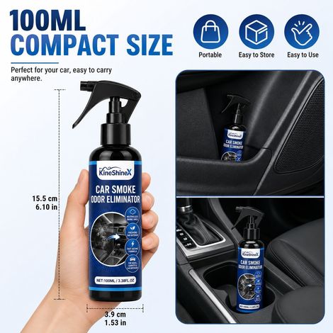 Le nettoyant pour voiture KineShineX élimine efficacement les odeurs, rafraîchit l'air à l'intérieur de la voiture et enlève la fumée des sièges, des tapis et des surfaces intérieures. (1/4)