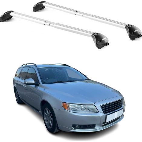 OMAC Barres de toit transversales certifiées TÜV pour Volvo V70 III 2008-2016 – Verrouillables (4 antivols) – Charge max 100 kg – Sangle inox + protection caoutchouc Argent (1/4)