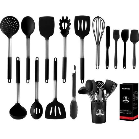 ZOLGINAH Juego de 15 Utensilios de Cocina de Silicona, Utensilios de Cocina de Silicona Resistentes al Calor sin BPA, Utensilios de Cocina Antiadherentes, Negro (1/5)