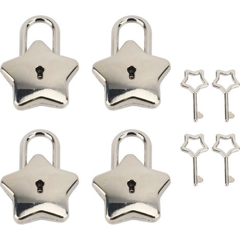 4 cadenas pour coffre au trésor, mini cadenas métallique pour journal, boîte à bijoux, cadenas décoratif avec clé, S007, forme d'étoile à cinq branches, Argent (1/4)