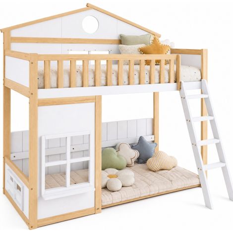 Lit superposé enfant cabane 90x200 avec escalier, toit, fenêtres et garde-corps, structure en bois et MDF, blanc et bois clair, pour chambre  CHICFURN (1/5)