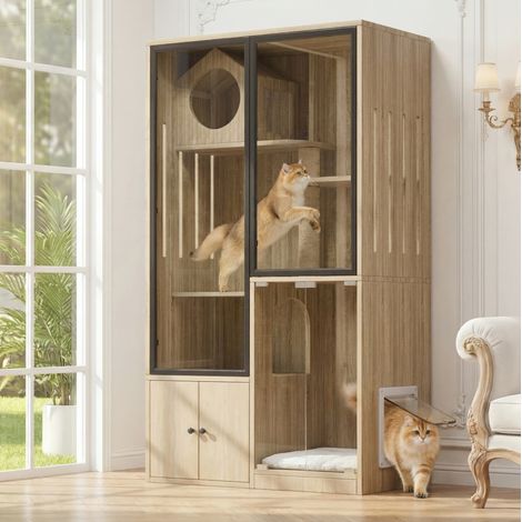 Casa interior para gatos en MDF y vidrio, 90 x 50 x 160 cm, natural DESVIAE (1/5)