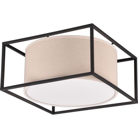 Plafonnier métal noir mat, abat-jour beige, sauf 2x E27 (1/5)