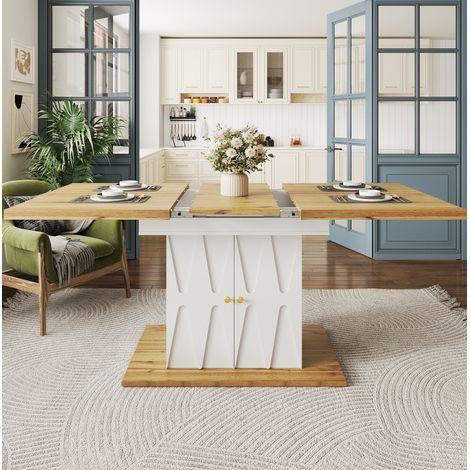 Mesa extensible de comedor MDF y metal blanca 110-140x70x76,5 cm con almacenaje integrado (1/5)