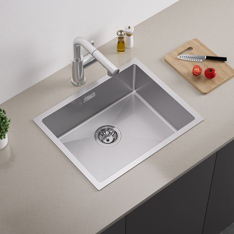Auralum Évier 1 Bac 55x44x19CM Évier sous plan en Acier Inox Évier Cuisine Brossé avec Trop-Plein et Système de Drainage, Pour meuble de 60 cm