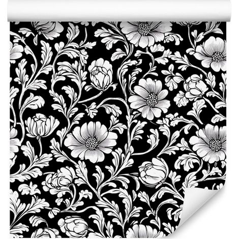 Papier peint à fleurs noires et blanches, gris et graphite, fond gris, 50 x 1000 cm (1/5)