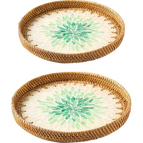 2 Plateaux en Rotin Tressé Main avec Coquillages Colorés pour Salon, Plateau à Fruits et Snacks pour Table Basse, Dessous de Plat Décoratif (Lot de 2) (1/5)