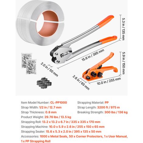 VEVOR Banding Strapping Kit, Heavy Duty Banding Sealer Tool with 975 m Length PP Band, 1000 Metal Seals, 50 Corner Protectors, Plastic Pallet Packaging Strapping Kit for Warehouse/Shipping/Moving (1/4)