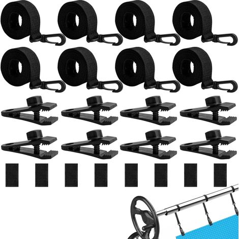 Lot de 8 enrouleurs de piscine, sangles de maintien et 8 pinces accessoires, bandes de fixation pour système d'enroulement mobile pour bâches de piscine/film solaire transportable/bâche de (1/5)
