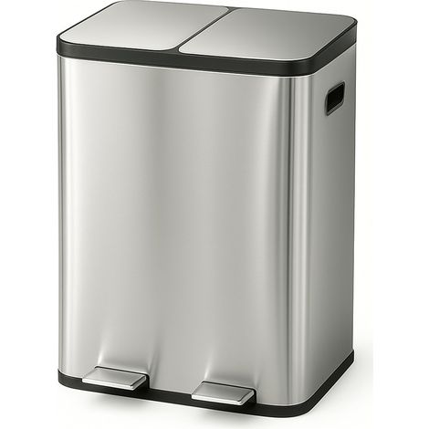 Cubo reciclaje doble pedal Acero Inoxidable y Negro Mate Cubo de Basura Doble Compartimento Para Cocina y Exterior