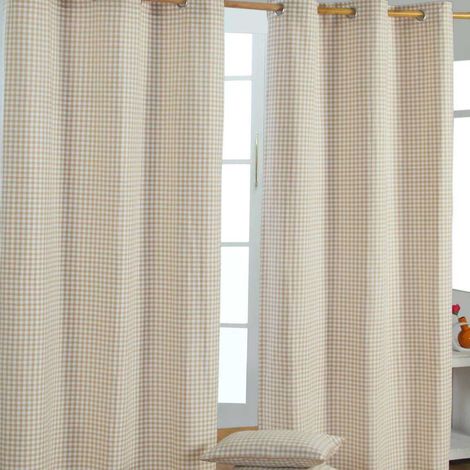 HOMESCAPES Beige Cotton Gingham Eyelet Curtains 117 x 137 cm