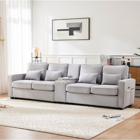 Canapé 290x83x88 cm gris en lin avec console, porte-gobelets, ports USB et coussins (1/5)