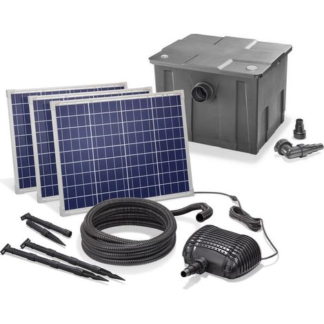 Kit pompe solaire bassin gros débit 5000L-150W – Filtration mécanique et biologique – Pour cascades et animations d'eau autonomes